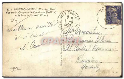 Barcelonnette — widok na Chapecu de Gendarme i Poin de Sucre zimą — Wydawnictwo «La Cigogne» — Rewers