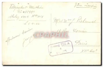 Soldado em uniforme — retrato oval — carta postal militar — Verso