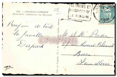 Stara pocztówka Pomnik Amerykański Belleau — Château-Thierry — Wydawca La Cigogne, nr 162 — Rewers