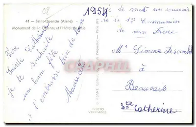 Saint-Quentin (Aisne) — Monumento da Defesa e o Hotel de Ville — editor G. Réant, n°41 — Verso