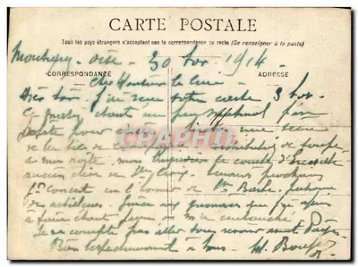 Soldats en uniforme — distribution de repas — carte postale datée 1914 — Verso