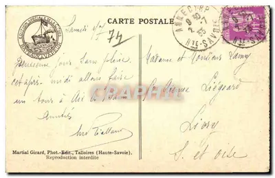Porto de Annecy e Mont Veyrier (1.300 m.) — Edição especial da Cité des Bateaux à Vapeur — Martial Girard, Fot.-Edit., Talloires (Haute-Savoie) — Verso