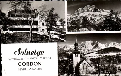 Cordon (Haute-Savoie) — Chalet-Pensão Solneige — vista de montanhas e igreja — editor: Photo Le Moullet, Sallanches
