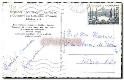 Cordon (Haute-Savoie) — Chalet-Pensão Solneige — vista de montanhas e igreja — editor: Photo Le Moullet, Sallanches — Verso