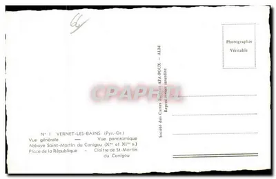 Vernet-les-Bains — Vista panorâmica e sítios históricos — Sociedade das Cartas Postais AFA-POUX — Verso