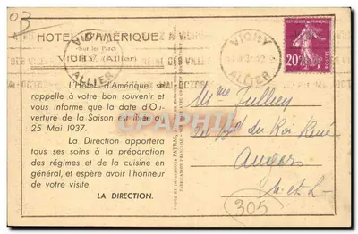 Hôtel d'Amérique — Vichy (Allier) — Patras — Verso