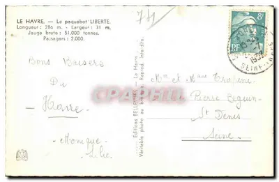 Le Havre — Paquebot "Liberté" — Éditions Bellevues, n°704 — Rewers