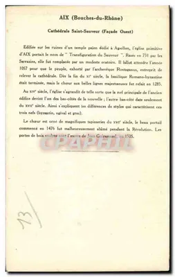 Aix (Bouches-du-Rhône) — Catedral de São Salvador (Fachada Oeste) — Coleção da Kolarsine e da Solution Pautaubege — Verso