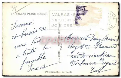 Valras-Plage — Lembrete de Valras-Plage — Coll. Battut, Valras-Plage — Verso