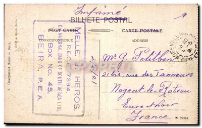 Visão da Compagnia de Moçambique — trem e edifícios — editor A. Brook, Beira — Verso
