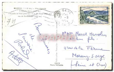 Mégeve (1113 m.) - Haute-Savoie — Widok Aiguille du Midi (3813 m.) i Mont-Blanc (4807 m.) — Wydawnictwo Francuskie, nr 3523 — Rewers
