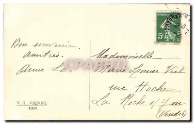 Dziewczynka grająca z kuryczkami — Wielkanoc — wydawca V.K. VIENNA, nr 4023 — Rewers