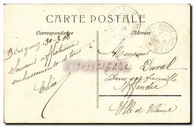 Mulher pescando um peixe — carta postal francesa com selo de 5c — editor não visível — Verso