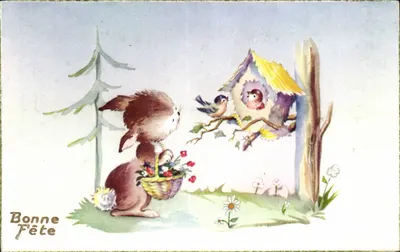 Coelho e pássaros — cena de primavera — Imprensa Univers, Paris, N° 473