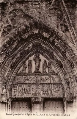 Portal principal da Igreja St-Sulpice de Favières (S.-et-O.) — Editor: Coleção Artística E. Rameau, Etampes