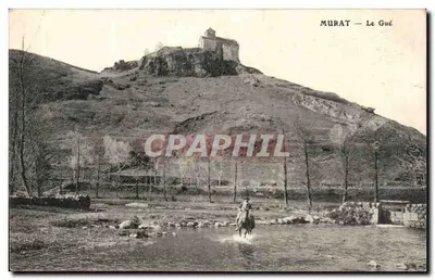 Murat — Le Gué — vista do castelo em uma colina com cavaleiro atravessando um rio