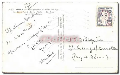 Royan — Vue générale du Front de Mer — Le Rond-Point de la République — Éditeur M. Berjaud — Verso
