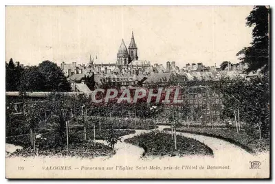 Bilhete postal antigo Valognes Panorama sobre a igreja Saint Malo tirado do hotel de Beaumont