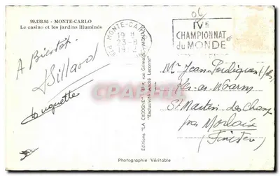 Monte-Carlo — O cassino e os jardins iluminados — Edições 'LA CIGOGNE' n°99.138.95 — Verso
