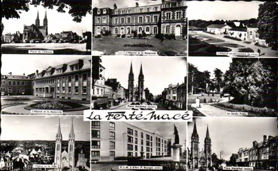 La Ferté-Macé — vista panorâmica com igreja, hospital, praça do Castelo e jardim público — editor A. r. Letellier, n°12