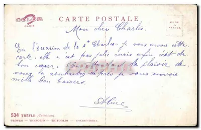 Trèfle — Trifolium — Trifoglio — Трилистник — editor COLOR PARIS, n° 534 — Verso