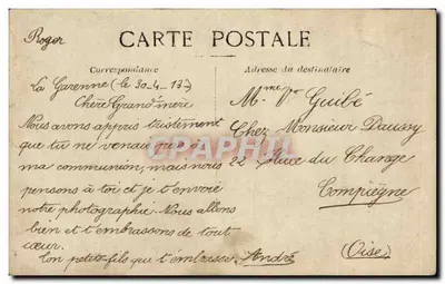 Deux garçons en tenue d'époque — photographie sur carte postale — Roger, Compiegne — Verso