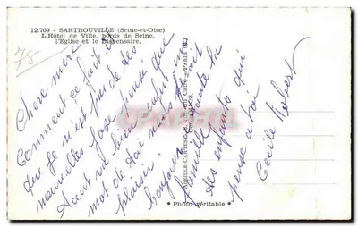Sartrouville — Hotel de Ville, igreja, margens do Sena, Dispensário — editor ABELLE-CARTES & 8, rue du Caire, Paris 2e — Verso
