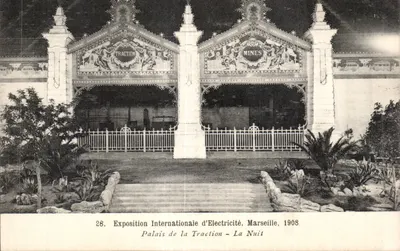 Exposição Internacional de Eletricidade, Marselha, 1908 — Palácio da Tração — A Noite — Editor: Beudevin Vincent, Marselha
