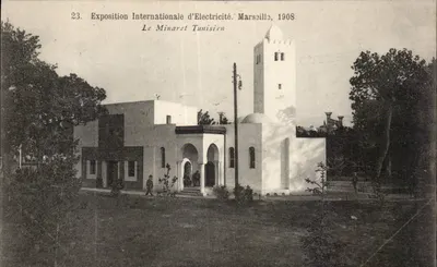 Exposição Internacional de Eletricidade, Marselha, 1908 — O Minarete Tunisiano — Photo-ateliers Baudouin-Vincent, Marselha