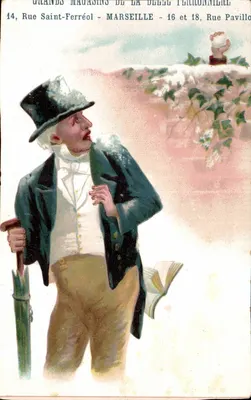 Homem com traje da época com bengala — Grands Magasins de la Belle Ferronnière — Marselha