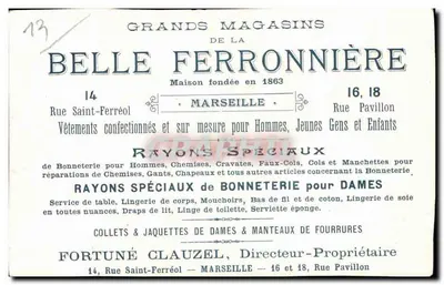 Homem com traje da época com bengala — Grands Magasins de la Belle Ferronnière — Marselha — Verso