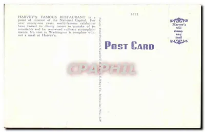 Harvey's Famous Restaurant — Washington, D.C. — Harvey's Restaurant, 1107 Connecticut Ave., N.W. — Established 1858 — Verso