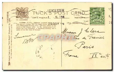 Market Place, Leicester — widok z rynku z namiotami i statuą — Tuck's Post Card N°1 — Rewers
