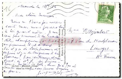 Hôtel de Ville de Mansle — Editor H. Bignon — N° 10.745 — Verso