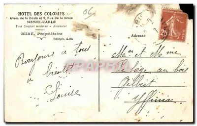 Mônaco - Monte Carlo - Hotel des Colonies - Avenue de la Costa e 2 rue de la Scala - Bilhete postal antigo — Verso