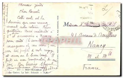O Casino de Monte-Carlo — Sala de jogos — Edição de Arte, Rostan & Michel, Nice, n°217 — Verso