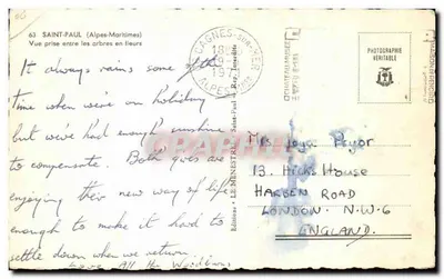 Saint-Paul (Alpes-Maritimes) — Widok zrobiony między drzewami w kwiecie — Wydawnictwo Le Menestrel — Rewers
