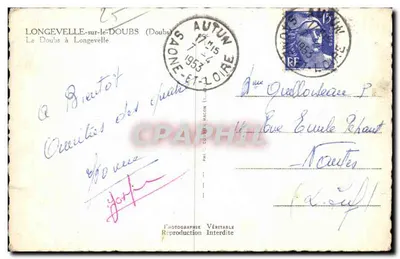 Longevelle-sur-le-Doubs — widok wsi i kościoła z Doubs — fotografia P. R. (P. R. P. R.) — Rewers