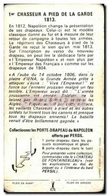 Chasseur à pied de la Garde Impériale — soldat brandissant le drapeau du 1er Régiment — éditeur PERSIL, n° de série non visible — Verso