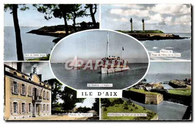 Ilha d'Aix — Vista panorâmica com a Vedette « L'Aiglon », a Baía do Sable Journe, os Faróis, a Praia da Anse de la Croix, a Casa do Imperador e as Fortificações do Forte e da Roche