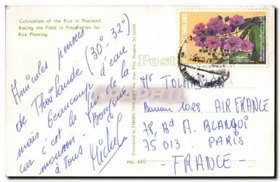 Uprawy ryżu w Tajlandii — Przygotowanie pola do sadzenia — Dystrybuowany przez PHORN THIP 9-9/1 Wat Suan Phlu, Bangkok, Nr 660 — Rewers
