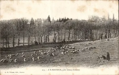 St-Maurice, perto de Crocq (Creuse) — rebanho de ovelhas e pastor — A. de Nussac, editor Guéret, n°273