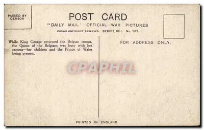 Królowa Belgii jako fotograf — Daily Mail War Postcards, seria XIII, nr 102 — Rewers