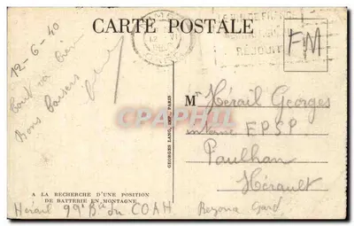 Soldados a cavalo e canhão na montanha — Editor Georges Lang, Paris, n° de série não visível — Verso