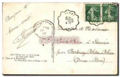 Festas da Vitória — 14 de julho de 1919 — Praça da República — Os Marechais Foch e Pétain — Editor Lévy Fils & Cie, Paris — Verso