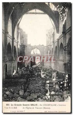Interior da Igreja de Virginy (Marne) — destruição da Grande Guerra 1914-15 — editor IMP. BAUDINIÈRE, NANTERRE, n° 853