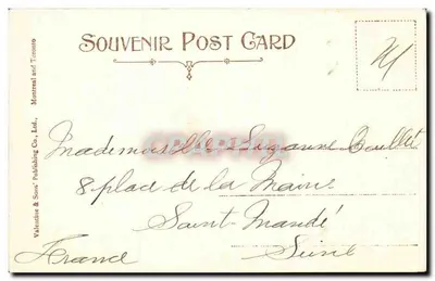 Castel des Monts, Ste-Agathe des Monts, P.Q. — widok z zamku na jezioro — wydawca Valentine & Sons' Publishing Co., Ltd., Toronto i Montréal — Rewers