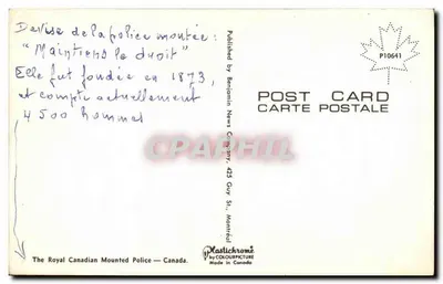 Policiers montés canadiens — Royal Canadian Mounted Police — editor Benjamin News Company, n° P10641 — Verso