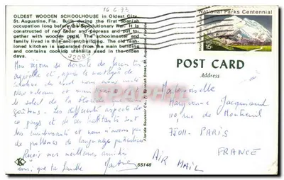 Velha escola de madeira — St. Augustine, Flórida — Florida Souvenir Co. n°55148 — Verso