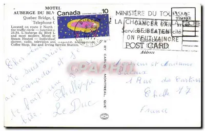 Auberge do Blvd — Motel — Ponte de Québec — Éditeur : Ministério do Turismo do Canadá — Verso